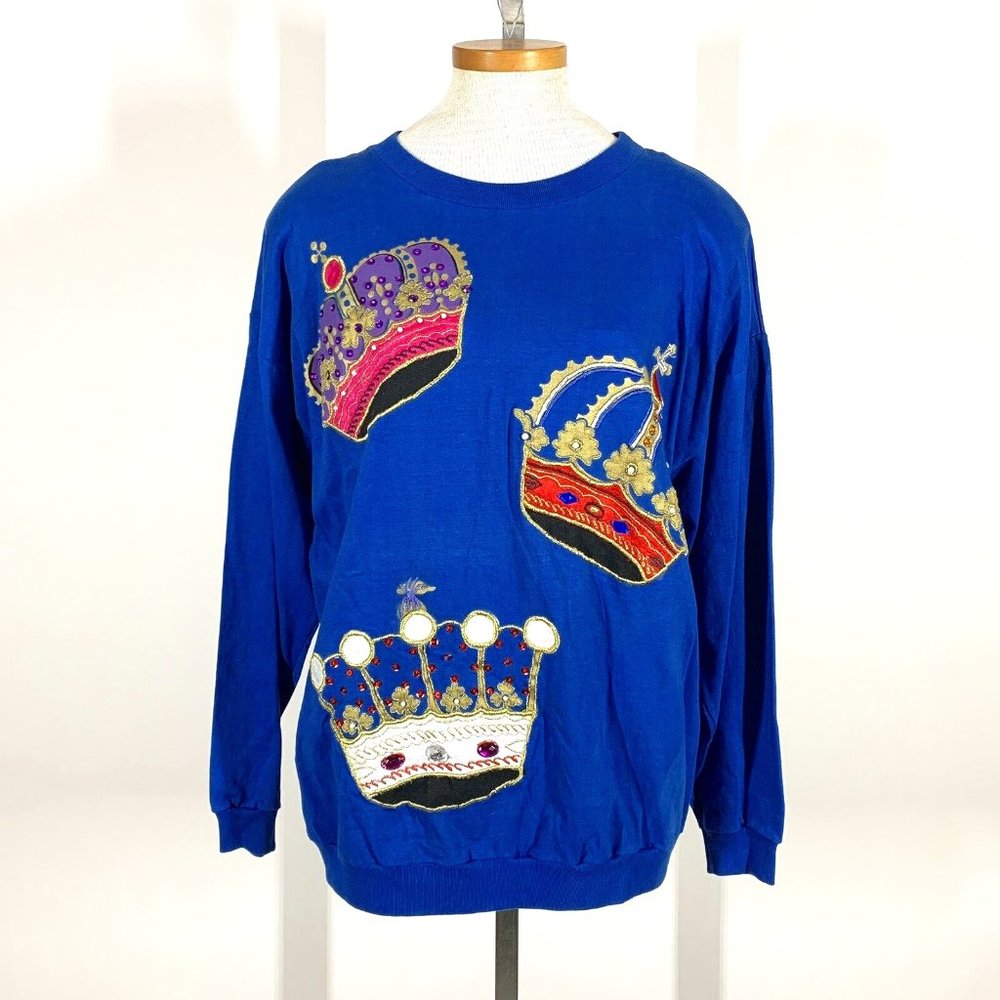 Vintage 90s Victoria Secret Sport Embroidered Crowns Blue Sweatshirt Sz L NWT
